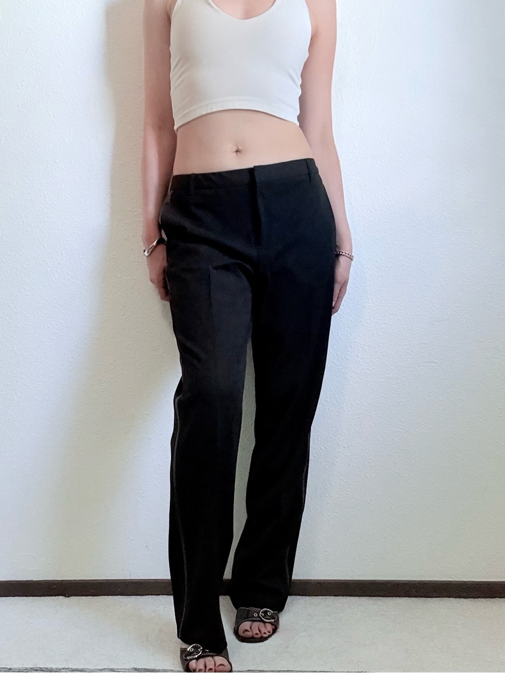 Vintage Nine West Mid Rise Straight Leg Trousers Leather Trim 90s Minimalist